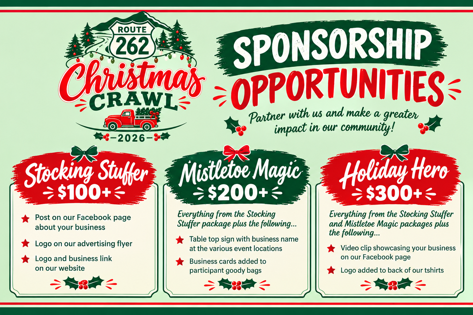 2026 sponsorship opportunities: Stocking Stuffer $100+, Mistletoe Magic $200+, Holiday Hero $300+